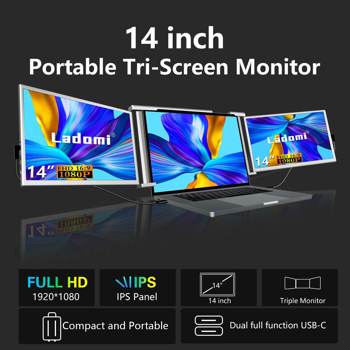 14" Triple Laptop Screen Extender FHD 1080P IPS Portable Monitor Gray S956007