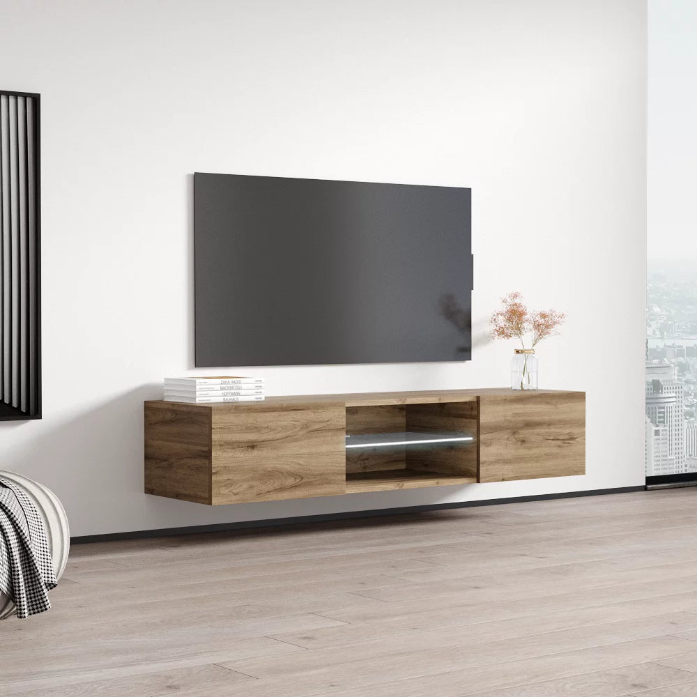 Floating TV Stand up to 70" High Gloss Wall Mounted Media Console with Storage Cabinets and LED Lights C59489