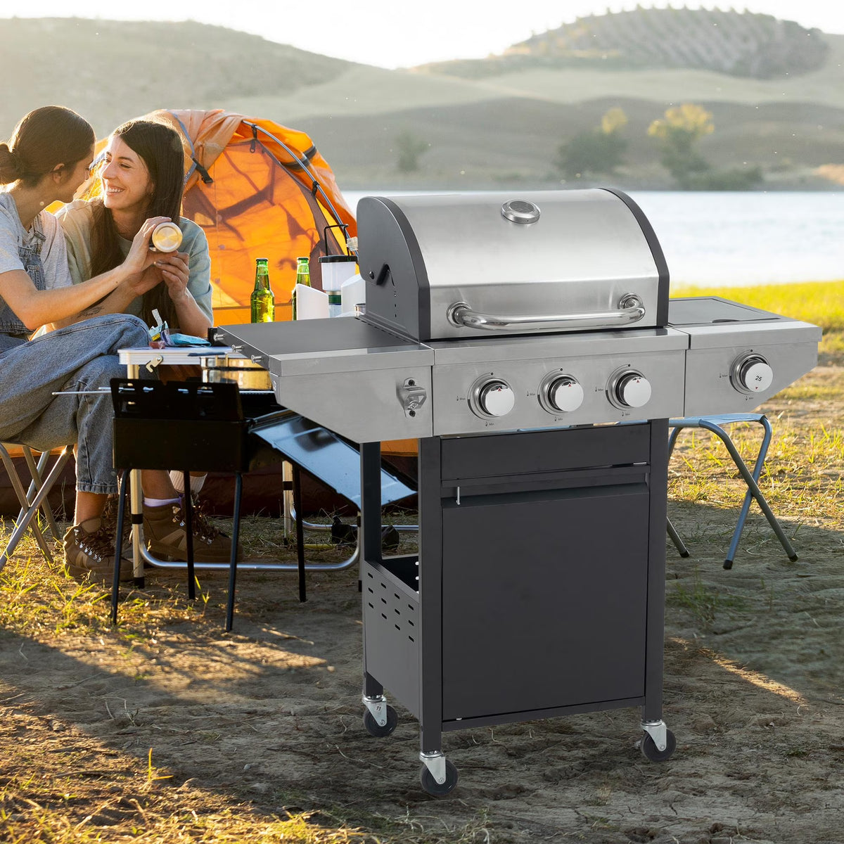 3 Burner Stainless Steel Propane Gas Grill with Side Burner O65216