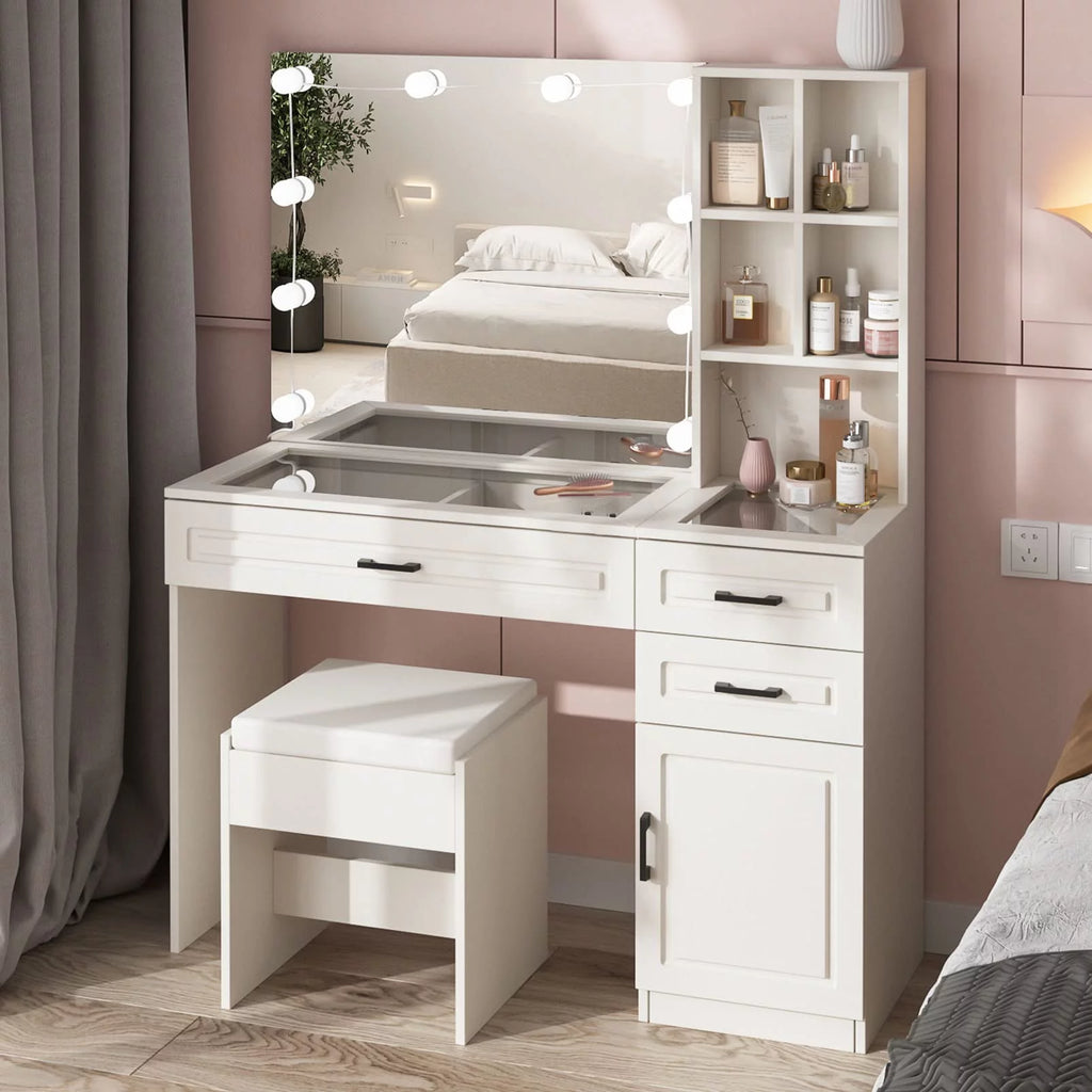 White 45in Vanity Desk Set with Lighted Mirror and Glass Desktop Y609