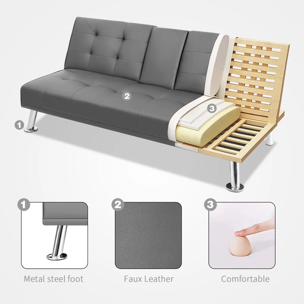 Gray Faux Leather Convertible Futon Sofa Bed with 2 Cup Holders K734