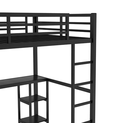 Queen Size Black Metal Loft Bed with Wardrobe and Desk H59215