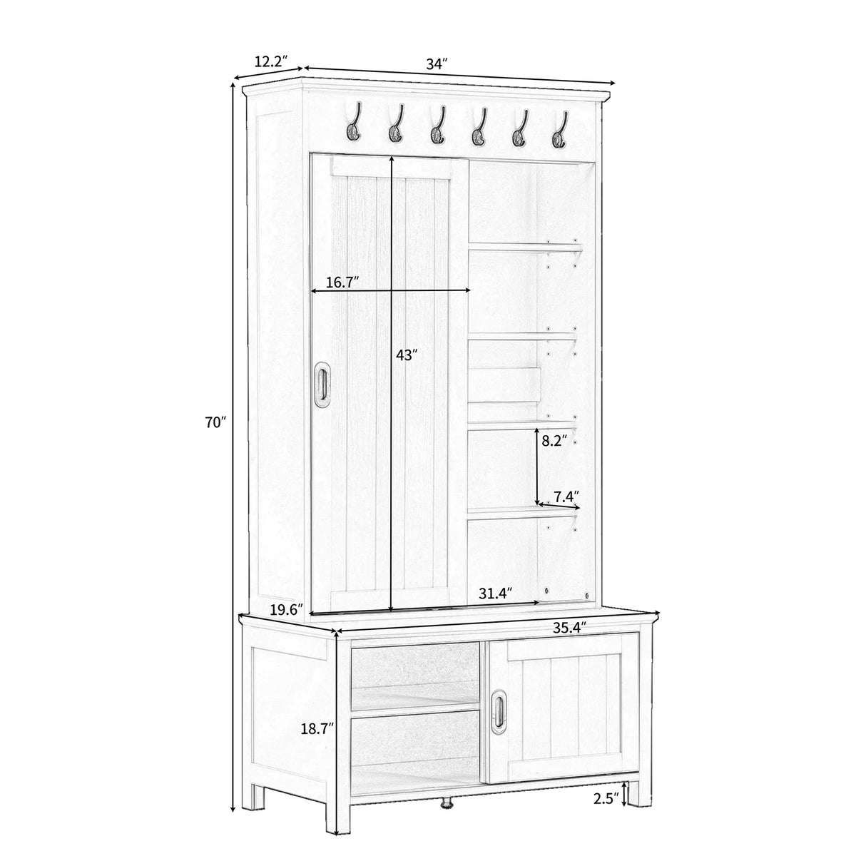 Black Wooden Hall Tree with Bench and Shoe Storage T358