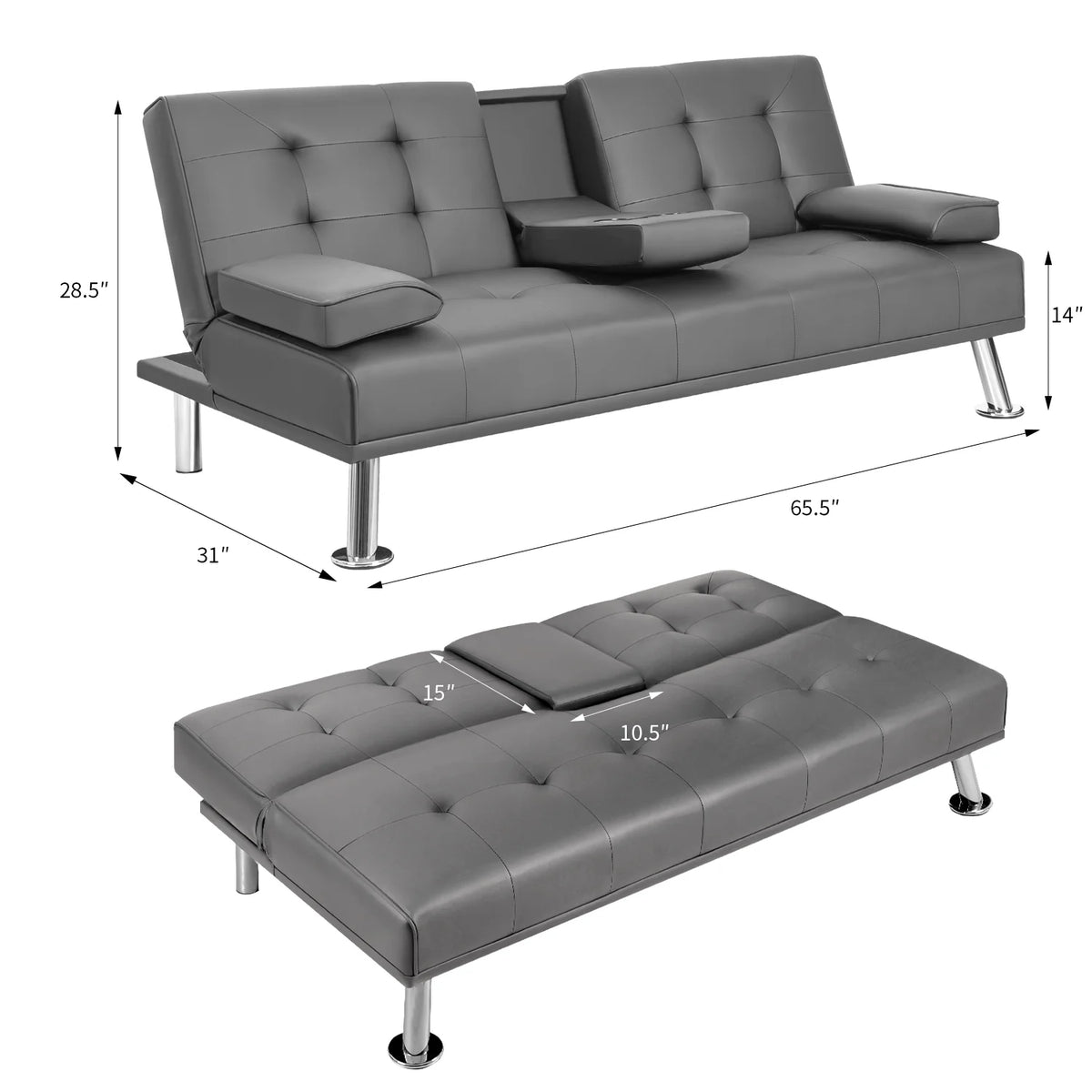 Gray Faux Leather Convertible Futon Sofa Bed with 2 Cup Holders K734