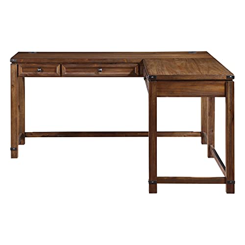 Rustic L-Shape Office Desk with Power Port Drawer, Champagne Oak Finish V5099
