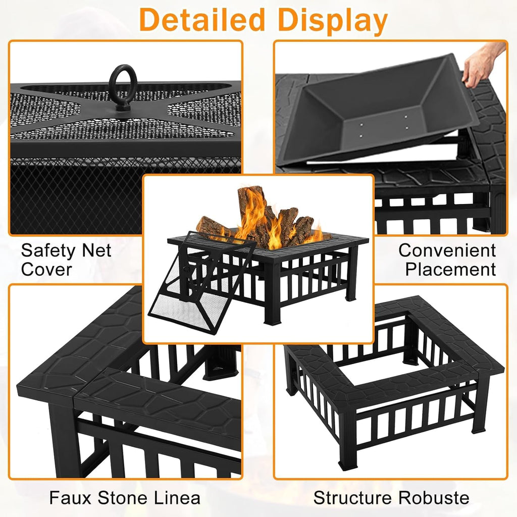 32in Square Black Metal Fire Pit V2399