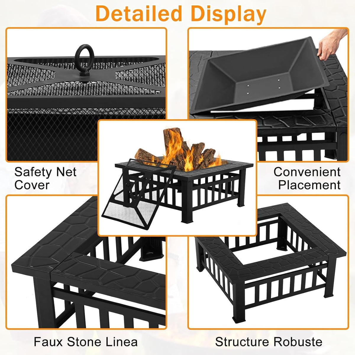 32in Square Black Metal Fire Pit V2399