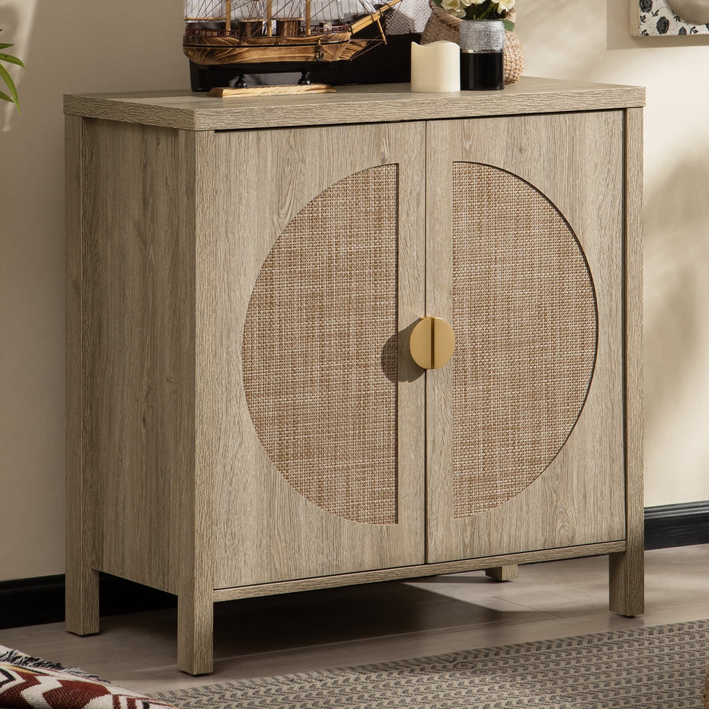 Oak Rattan Sideboard Storage Cabinet Set of 2 Y5141