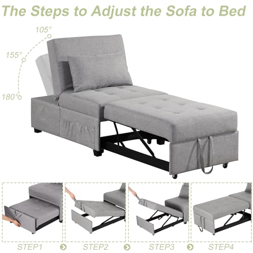 4 in 1 Convertible Linen Fabric Sleeper Chair Bed Ottoman with Adjustable Backrest & Pillow Q278