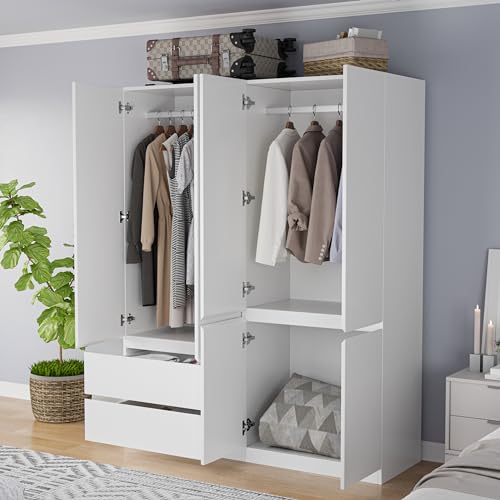 White 4 Door 2 Drawers Wooden Armoire Wardrobe I5230
