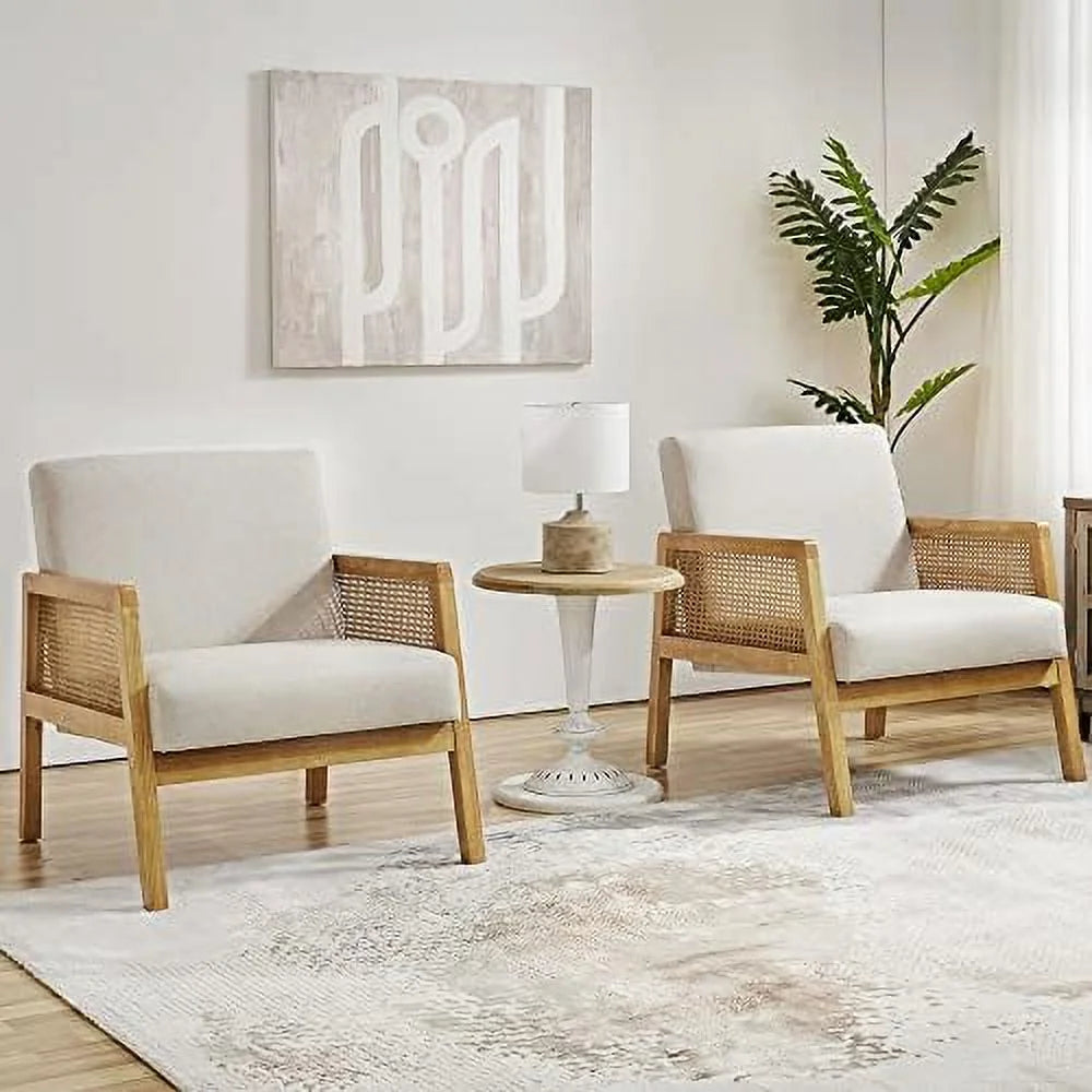 Ivory Boucle Fabric Accent Chair with Wood Armrest and Legs 2 pcs J56071
