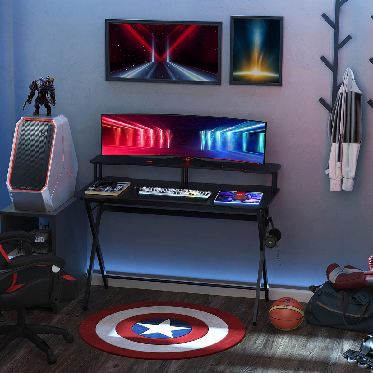 Black 55 inch Gaming Desk with Monitor Stand and Headphone Hook E926276