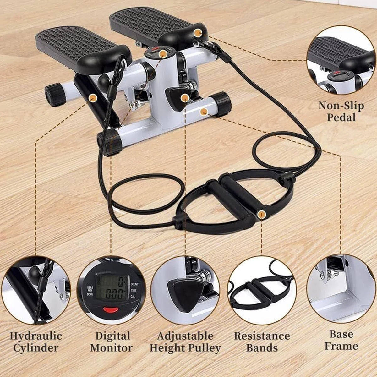Gray Mini Stepper Air Stair Climber Exercise Machine with Resistance Band K639020