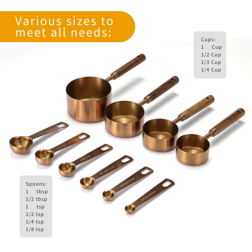 Rose Gold 10-piece Measuring Cups and Spoons Set with Wooden Handle I976709