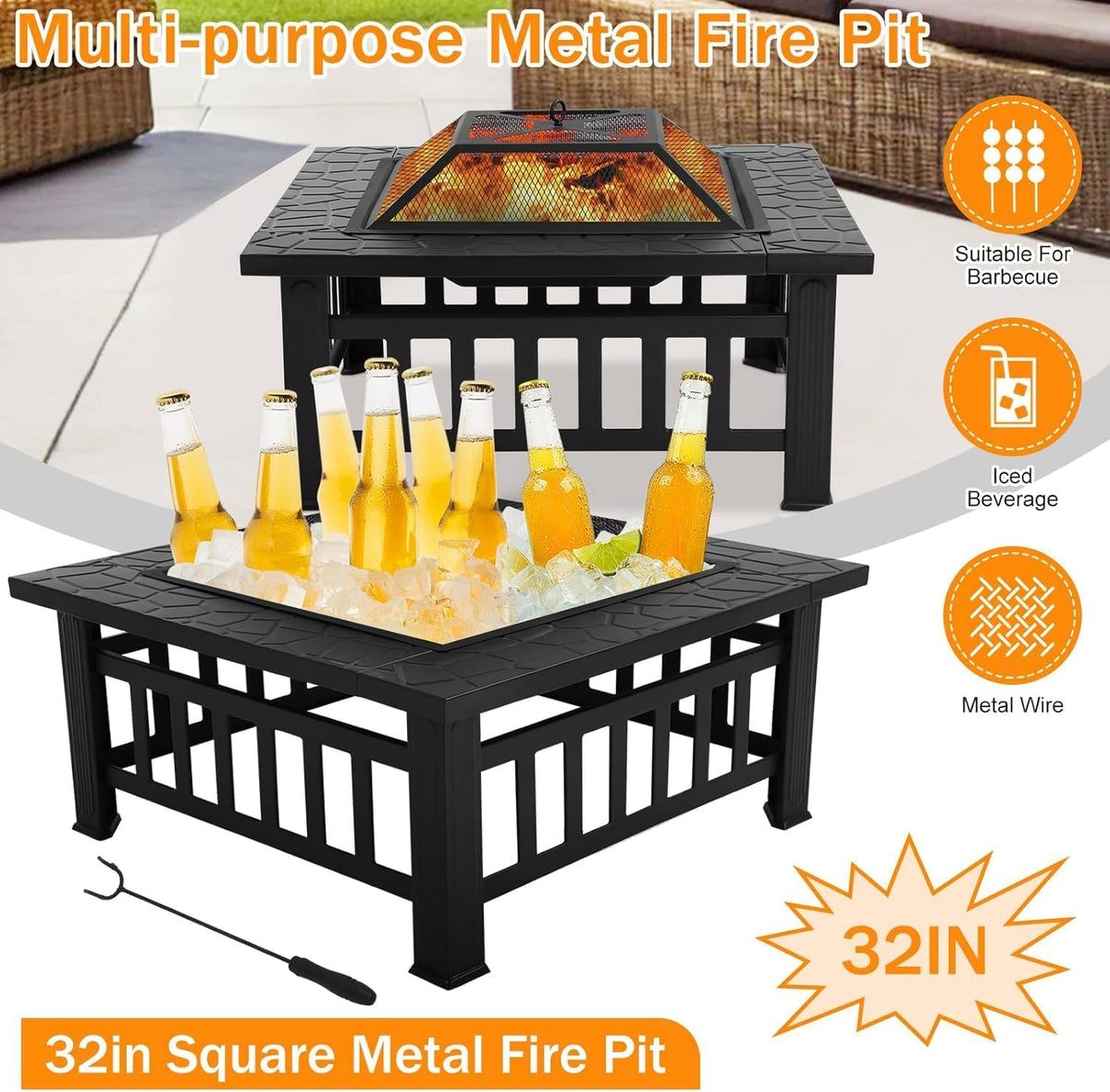 32in Square Black Metal Fire Pit V2399