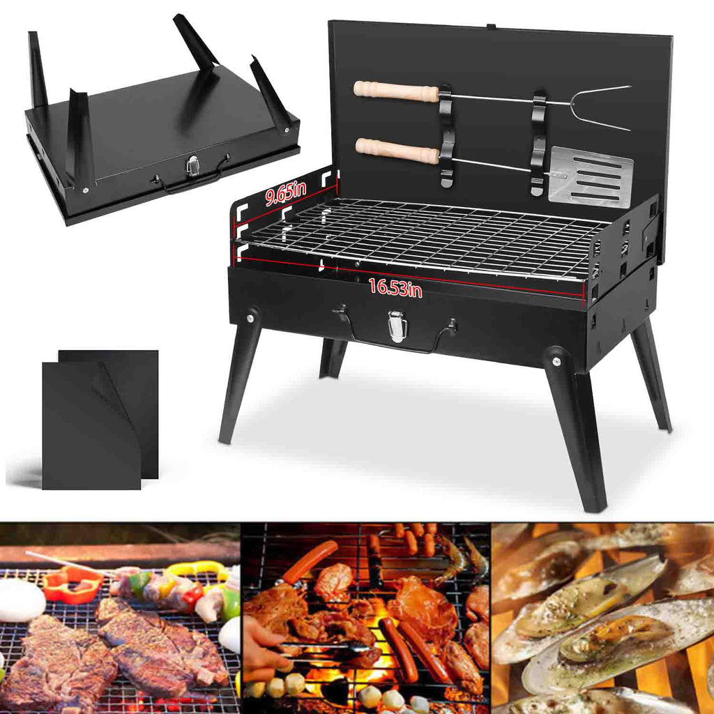 Portable Charcoal Grill with 2Pcs Non-Stick Mat, Black Y159497