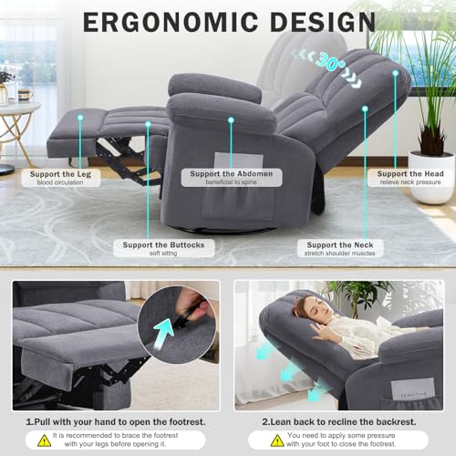 Oversized Chenille Swivel Rocker Recliner Chair, Grey N7677