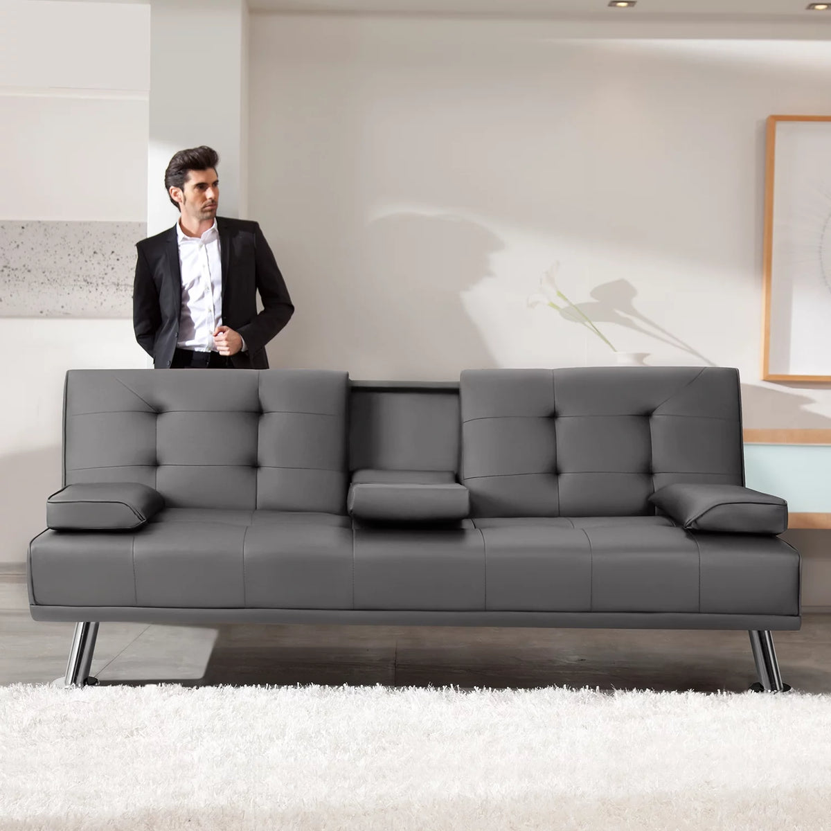 Gray Faux Leather Convertible Futon Sofa Bed with 2 Cup Holders K734