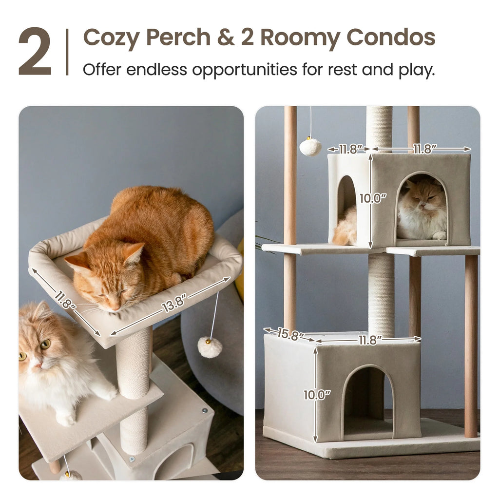 Beige Multi-Level Wood Cat Tree with 2 Condos and Perch E934528