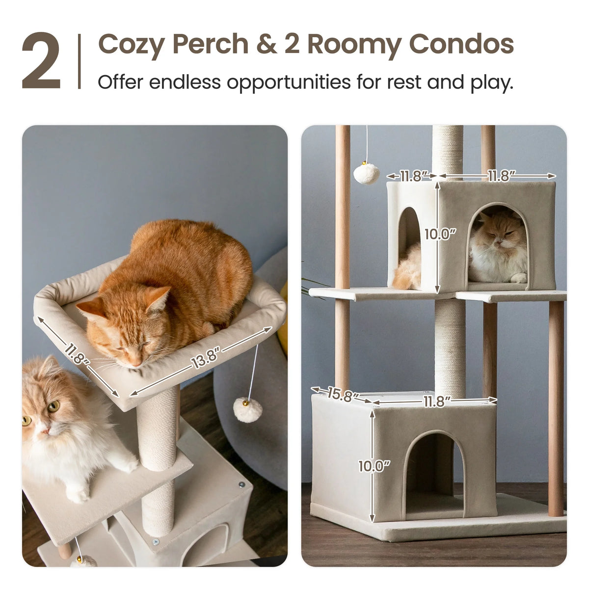 Beige Multi-Level Wood Cat Tree with 2 Condos and Perch E934528