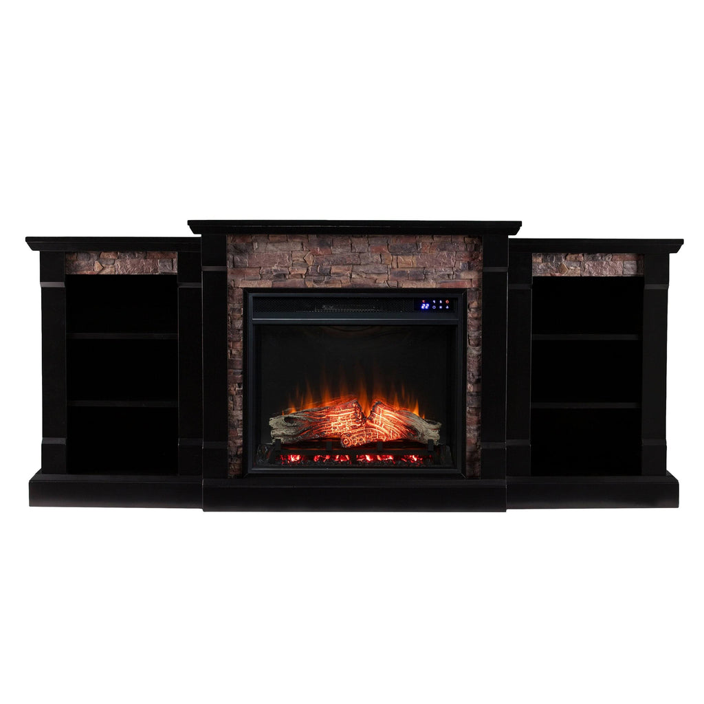 Black Faux Stone Electric Fireplace with Bookcases X24184