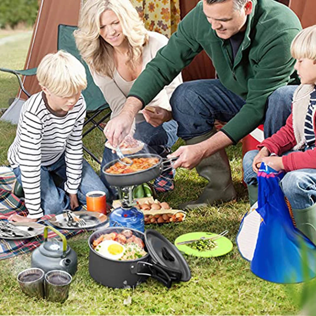 Camping Cookware Mess Kit Pot Pan Kettle Cooking Set with Spoon Fork X23260