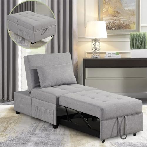 4 in 1 Convertible Linen Fabric Sleeper Chair Bed Ottoman with Adjustable Backrest & Pillow Q278