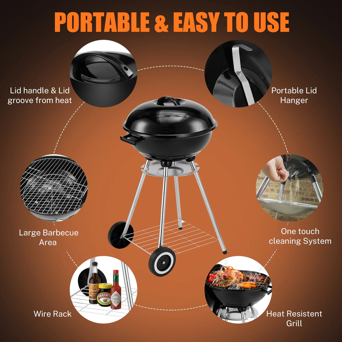 18 Inch Portable Charcoal Grill with Wheels H5124