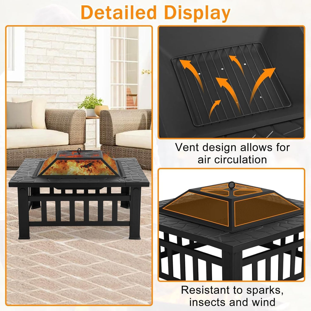 32in Square Black Metal Fire Pit V2399