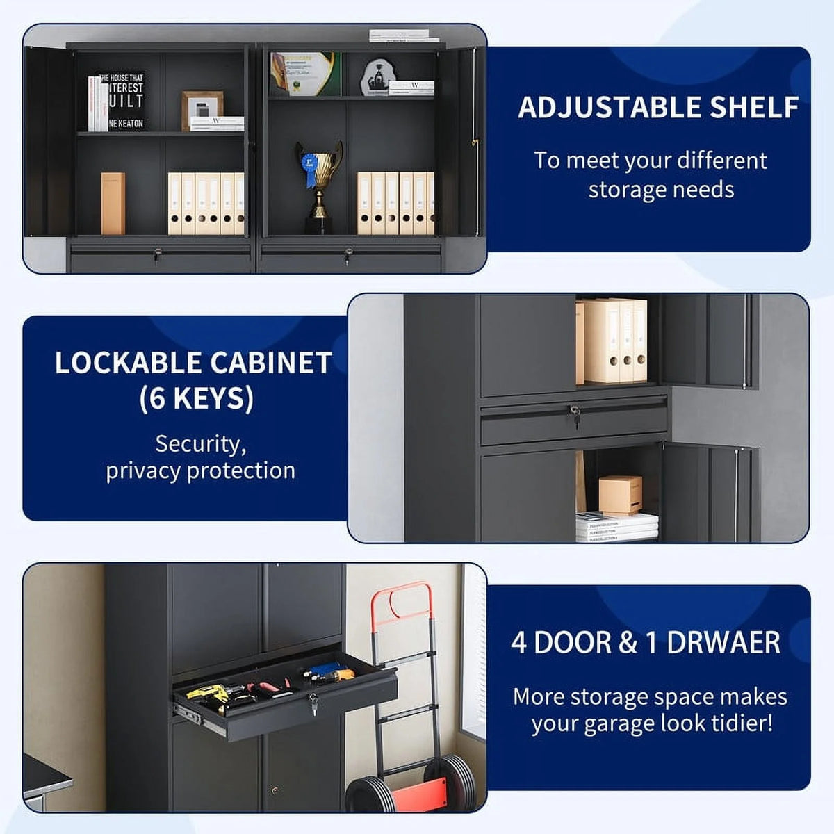 Metal Garage Storage Cabinet with Locking Doors and Adjustable Shelves, 1 Drawer - 71" Steel Locking Cabinet E871