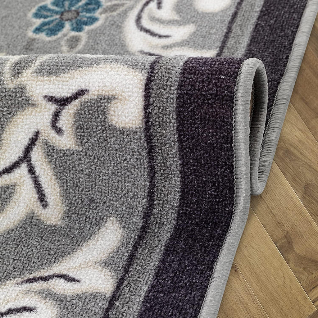 Gray 6'7" x 9' Non-Skid Rubber Backing Floral Area Rug N38681