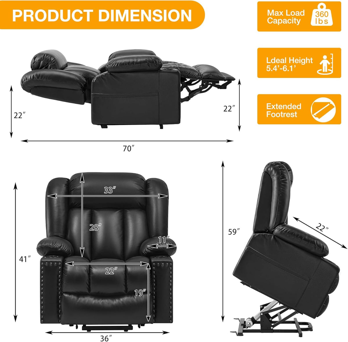 Black Large Power Lift Recliner Chair with Heat and Massage U712715