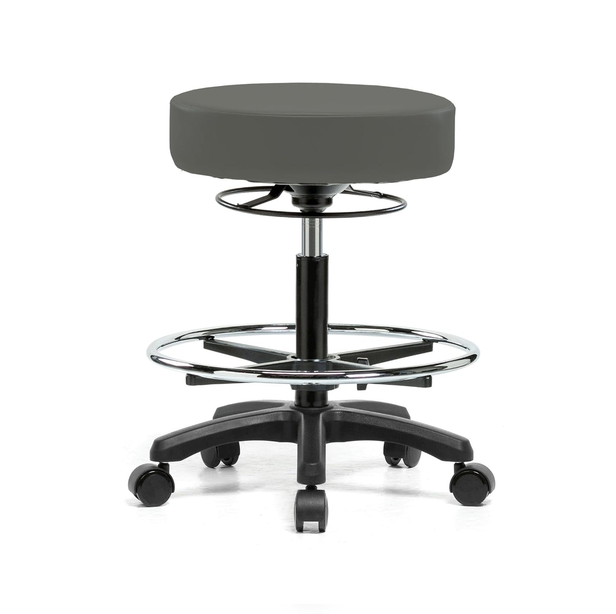 Rolling Height Adjustable Stool with Footring, Black Vinyl Y216740