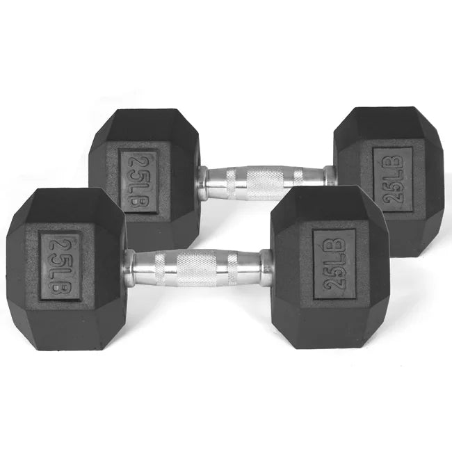 25 LB Pair Black Rubber Coated Hex Dumbbell J7736
