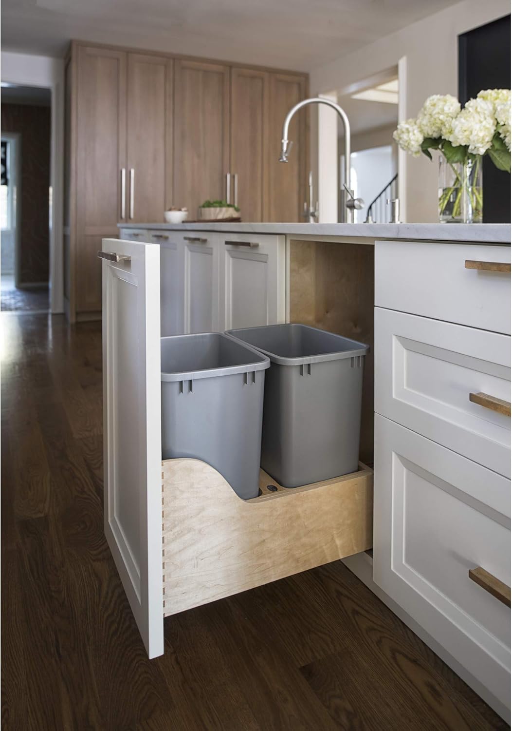 Double 35-Quart Maple Bottom Mount Kitchen Pullout Waste Container Trash Can with Soft-Close Slides, Silver D13243