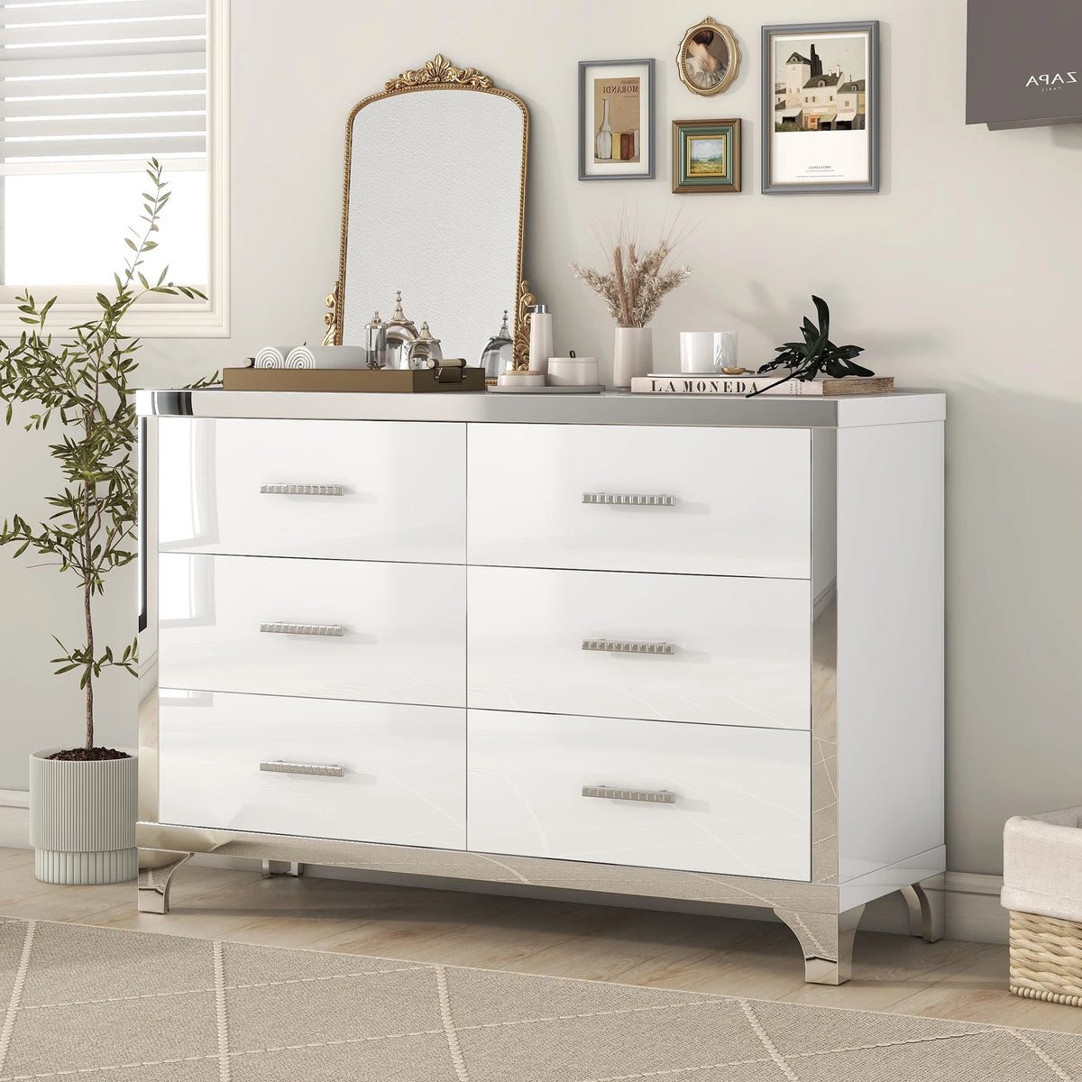High Gloss White 6 Drawer Mirrored Dresser K4264