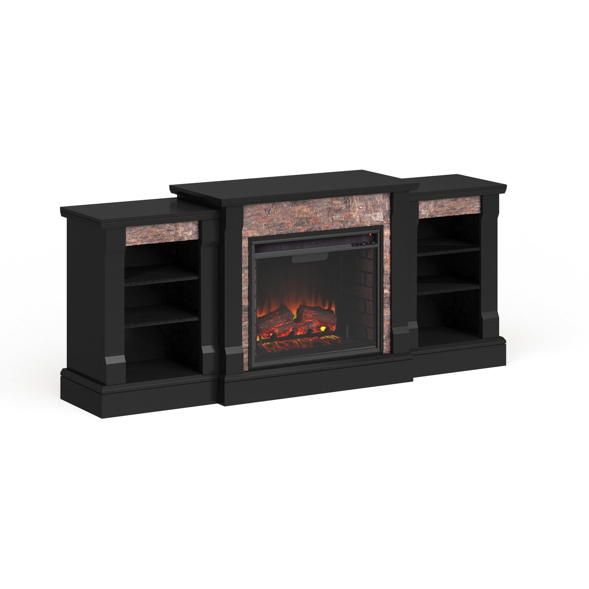 Black Faux Stone Electric Fireplace with Bookcases X24184