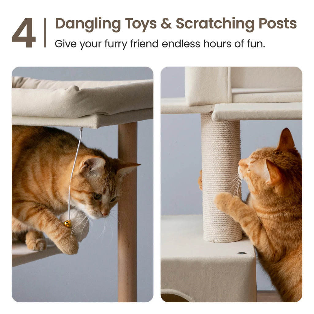 Beige Multi-Level Wood Cat Tree with 2 Condos and Perch E934528