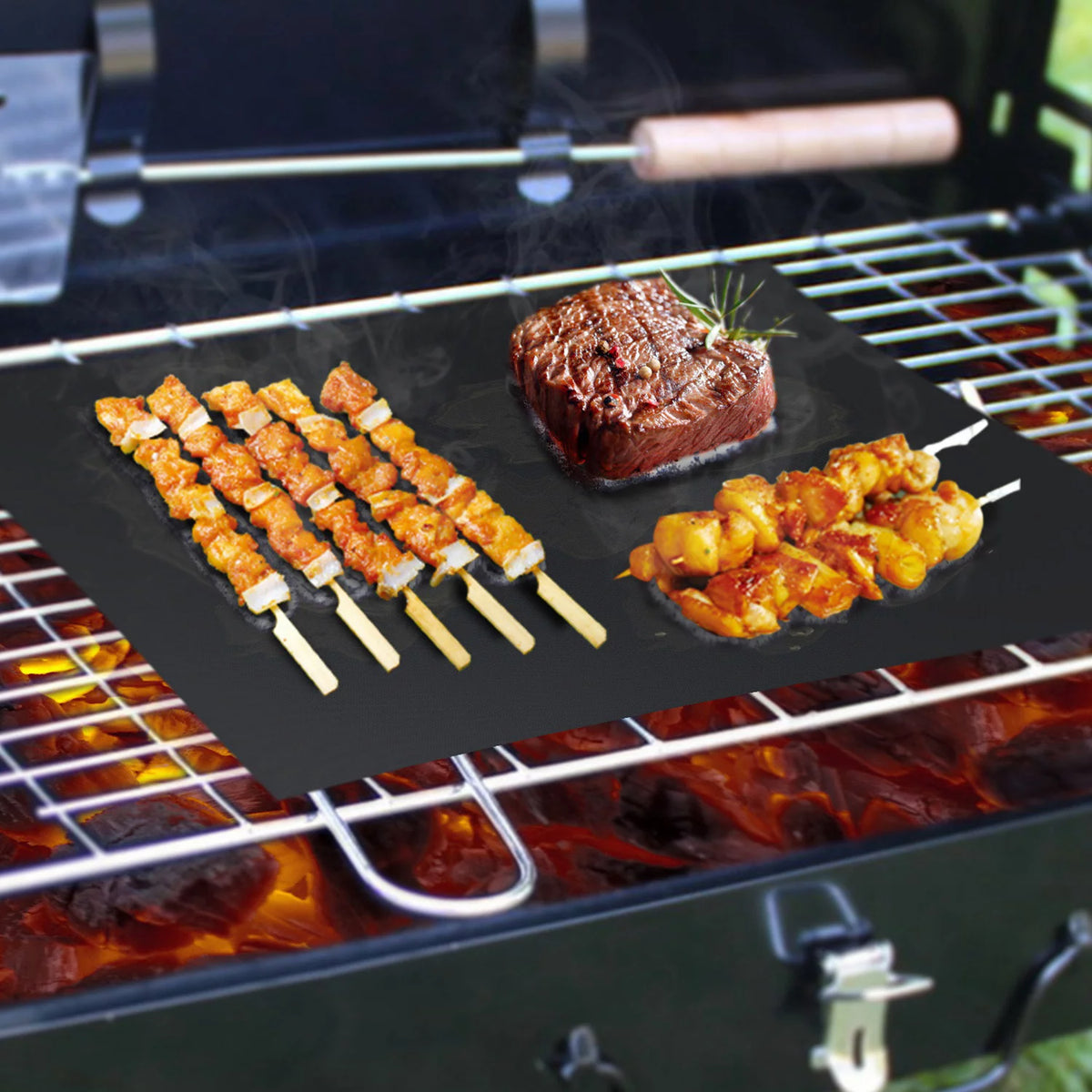 Portable Charcoal Grill with 2Pcs Non-Stick Mat, Black Y159497