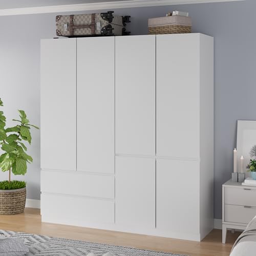 White 4 Door 2 Drawers Wooden Armoire Wardrobe I5230