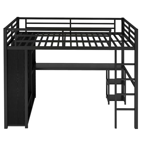 Queen Size Black Metal Loft Bed with Wardrobe and Desk H59215