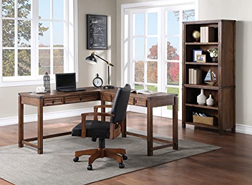 Rustic L-Shape Office Desk with Power Port Drawer, Champagne Oak Finish V5099