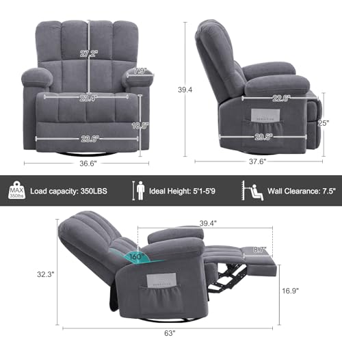 Oversized Chenille Swivel Rocker Recliner Chair, Grey N7677