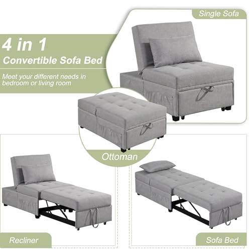 4 in 1 Convertible Linen Fabric Sleeper Chair Bed Ottoman with Adjustable Backrest & Pillow Q278