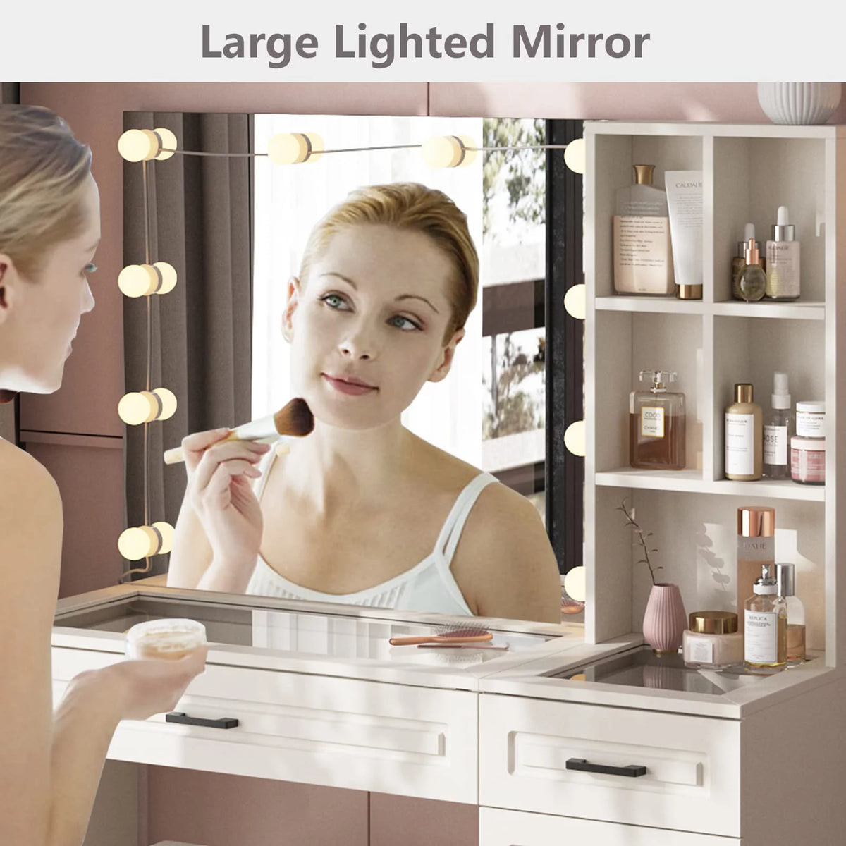 White 45in Vanity Desk Set with Lighted Mirror and Glass Desktop Y609