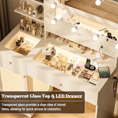 40" White Vanity Desk with Mirror and Lights V9033