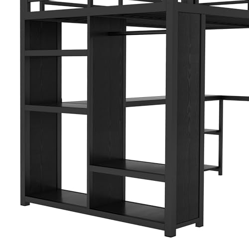 Queen Size Black Metal Loft Bed with Wardrobe and Desk H59215
