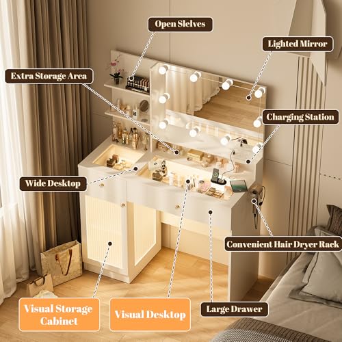 40" White Vanity Desk with Mirror and Lights V9033