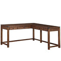 Rustic L-Shape Office Desk with Power Port Drawer, Champagne Oak Finish V5099