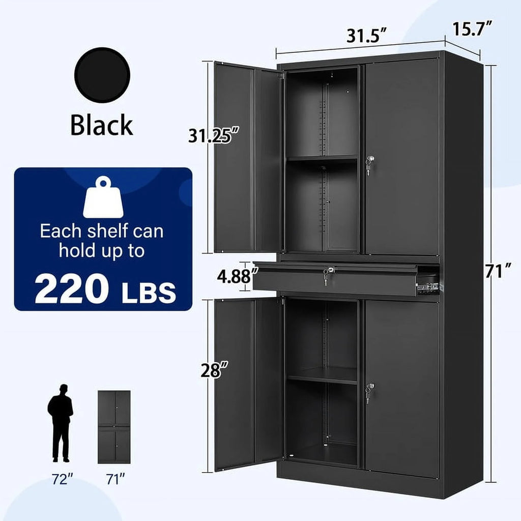 Metal Garage Storage Cabinet with Locking Doors and Adjustable Shelves, 1 Drawer - 71" Steel Locking Cabinet E871